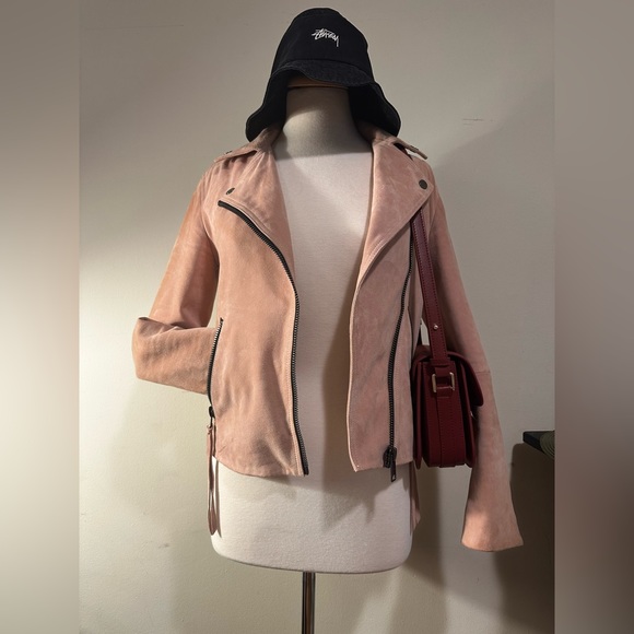All Saints Suede Dalby Biker Jacket Pink - Picture 2 of 12